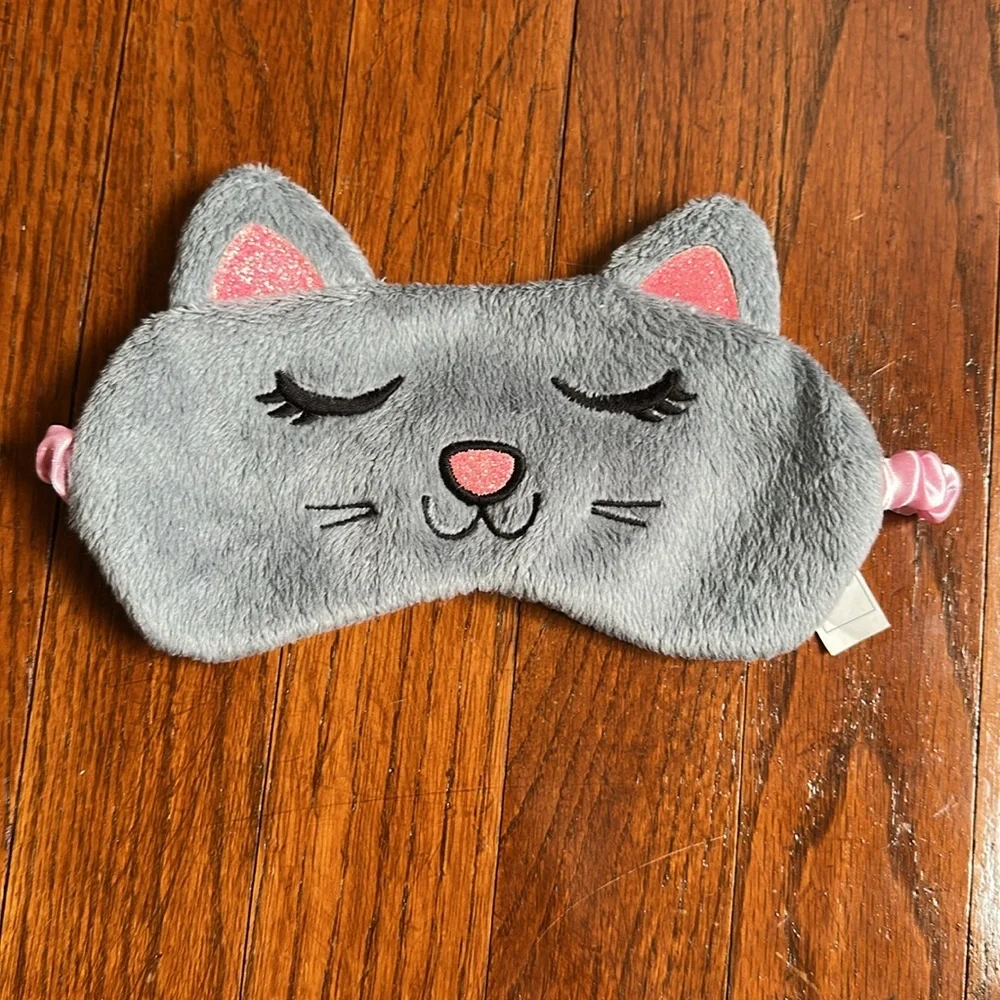 3 Piece Bundle Girls Justice Rose Gold Pink and Gray Cat Sleep Mask Mirror Brush